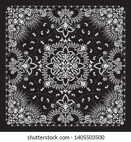 Vector ornament paisley, skulls and bones Bandana Print, fabric neck scarf or kerchief square pattern design style for print on textile.