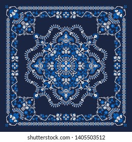 Vector ornament paisley, skulls and bones Bandana Print, fabric neck scarf or kerchief square pattern design style for print on textile.