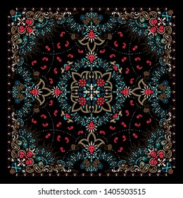 Vector ornament paisley, skulls and bones Bandana Print, fabric neck scarf or kerchief square pattern design style for print on textile.