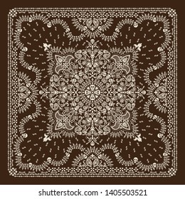 Vector ornament paisley, skulls and bones Bandana Print, fabric neck scarf or kerchief square pattern design style for print on textile.