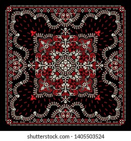 Vector ornament paisley, skulls and bones Bandana Print, fabric neck scarf or kerchief square pattern design style for print on textile.