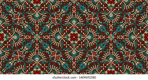 Vector ornament paisley, skulls and bones Bandana Print, fabric neck scarf or kerchief square pattern design style for print on textile.