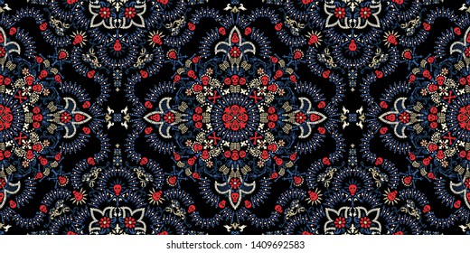 Vector ornament paisley, skulls and bones Bandana Print, fabric neck scarf or kerchief square pattern design style for print on textile.