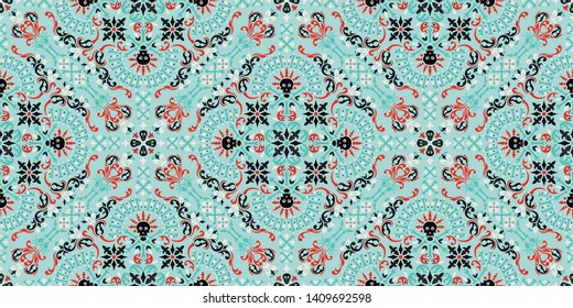 Vector ornament paisley, skulls and bones Bandana Print, fabric neck scarf or kerchief square pattern design style for print on textile.