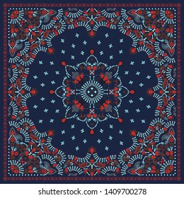 Vector ornament paisley, skulls and bones Bandana Print, fabric neck scarf or kerchief square pattern design style for print on textile.