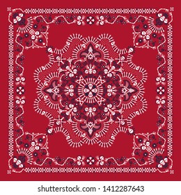 Vector ornament paisley, skulls and bones Bandana Print, fabric neck scarf or kerchief square pattern design style for print on textile.