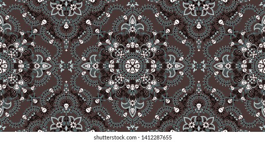 Vector ornament paisley, skulls and bones Bandana Print, fabric neck scarf or kerchief square pattern design style for print on textile.