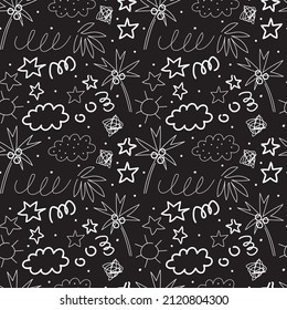 Vector ornament with palm trees, stars and clouds. Flat design with white linear isolated elements. Pattern for surfaces in a naive minimalistic style on the theme of summer, holidays, tropics.