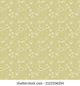 Vector ornament with palm trees, stars and clouds. Flat design with linear isolated elements. Pattern for surfaces in a naive minimalistic style on the theme of summer, holidays, tropics.