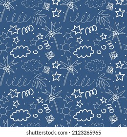 Vector ornament with palm trees, stars and clouds. Flat design with linear isolated elements. Pattern for surfaces in a naive minimalistic style on the theme of summer, holidays, tropics.