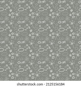 Vector adornado con palmeras, estrellas y nubes. Diseño plano con elementos aislados lineales. Patrón para superficies de un estilo ingenuo minimalista sobre el tema del verano, vacaciones, trópicos.