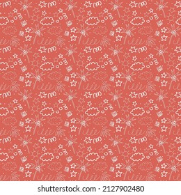 Vector ornament with palm trees, stars and clouds. Flat design with linear isolated elements. Pattern for surfaces in a naive minimalistic style on the theme of summer, holidays, tropics.