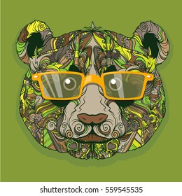 Vector ornament panda with orange glasses. Isolated on Green background. Can be used for some poster or print. 