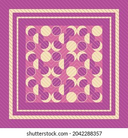 Vector ornament, pattern of lunar cycles: eclipse, full moon, waning moon, new moon with dotted diagonals. Pink, lilac, violet, yellow. For textiles, wrapping paper, tissue.