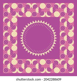 Vector ornament, pattern of lunar cycles: eclipse, full moon, waning moon, new moon with dotted diagonals. Pink, lilac, violet, yellow. For textiles, wrapping paper, tissue.