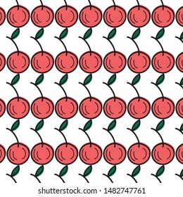 Vector ornament with pattern of red cherries on a white background. A graphic pattern in the style of a doodle