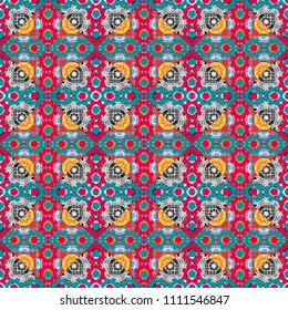Vector ornament in pink, blue and gray colors. Embroidery for fashion textile and fabric. Embroidery seamless pattern with abstract diagonal tiles.