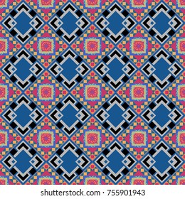 Vector ornament in pink, blue and gray colors. Embroidery for fashion textile and fabric. Embroidery seamless pattern with abstract diagonal tiles.