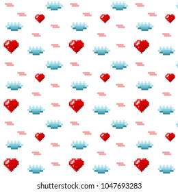 Vector ornament with pixel art with red heart and blue cloud on white background