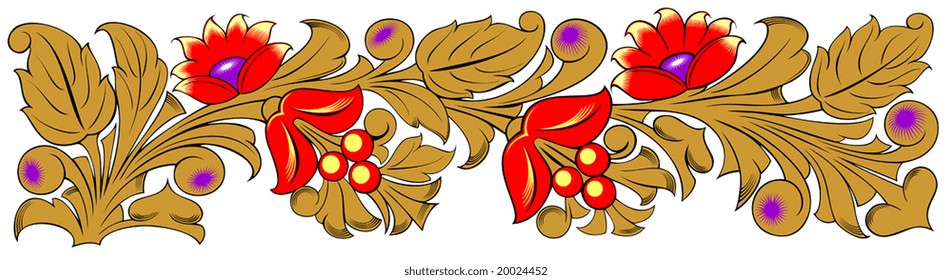 Vector ornament with red flowers and golden leaves
