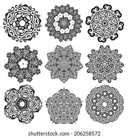 Vector ornament in Retro style with swirls and floral motifs. black and white. Element for design. Round lace. It can be used for decorating of invitations, cards, decoration for bags and clothes. 