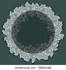 Vector ornament round shape. Decorative appliqued with lace motifs. Floral pattern with mesh in the center
