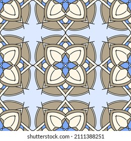 Vector ornament seamless pattern. Blue and brown geometric background.