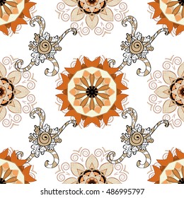 Vector ornament seamless pattern. Orange warm colors. Vector mandala background. White seamless. Decorative vintage element. Flower mandala and doodles background.