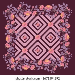 Vector adornado en flores de cerezo cuadradas sobre un fondo de marrón oscuro para textiles, almohadas, almohadas, ropa de cama, postales, invitaciones a un aniversario de boda, servilletas. Doodling, línea de arte, flujo