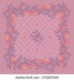 Ornamento vectorial en flores cuadradas de cerezo en un fondo rosado para textiles, almohadas, almohadas, ropa de cama, postales, invitaciones para el aniversario de la boda, servilletas. Dibujo, línea de arte, línea de flores.
