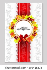 Vector ornament in a strip with a round frame. Autumn frame for labels, stickers for the packaging of goods for shops. A vegetative pattern. Leaves of birch, maple, red berries.