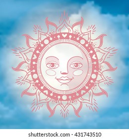 vector ornament sun face on the background of the sky