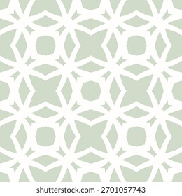 Ornamento vetorial com azulejos, grade, treliça, formas florais, diamantes. Sage cor verde e branco. Padrão contínuo geométrico simples. Textura de mosaico mínima abstrata. Fundo oriental. Repetir design 