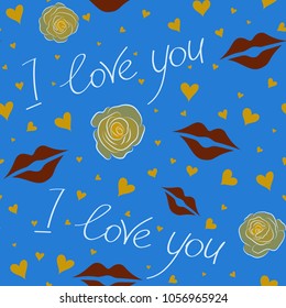 Vector ornament, Valentines day sketch. Stylized doodle hearts, rose flower and love letter seamless pattern in blue, yellow and brown colors.