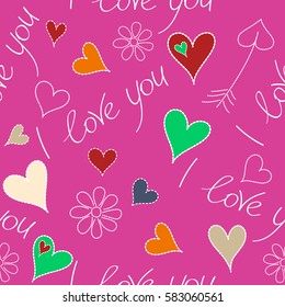 Vector ornament, Valentines day sketch. Stylized doodle hearts, chamomile flower seamless pattern in red, beige and pink colors.