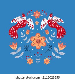 Vector ornament with various birds, flowers and leaves with different folk compositions. Motif in scandinavan style. Ethnic flat illustration with nordic detailed in trendy colors.