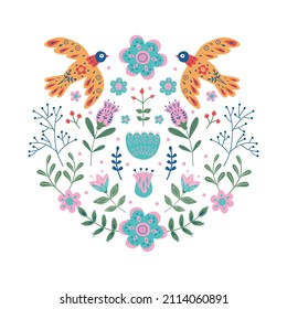 Vector ornament with various birds, flowers and leaves with different folk compositions. Motif in scandinavan style. Ethnic flat illustration with nordic detailed in trendy colors.