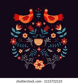 Vector ornament with various birds, flowers and leaves with different folk compositions. Motif in scandinavan style. Ethnic flat illustration with nordic detailed in trendy colors.