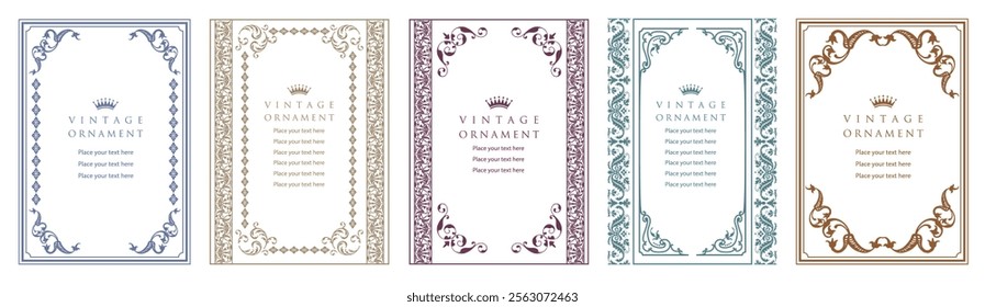 Vector ornament, vintage frames and border. Design elements for packaging design and invitations. Retro ornate decorative posters with elegant floral ornaments.