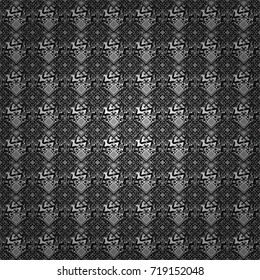 Vector ornament in white, black and gray colors. Embroidery for fashion textile and fabric. Embroidery seamless pattern with abstract diagonal tiles.