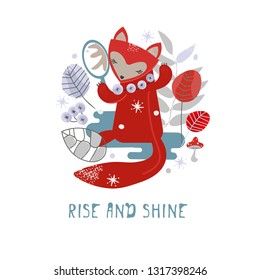 Vector ornament winter forest of wild fox. Winter elements of plants and grass mushrooms. Cute fox in the winter forest. Template cards or notebooks. Flat image