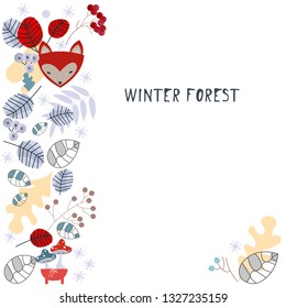 Vector ornament winter forest of wild fox. Winter elements of plants and grass mushrooms. Cute fox in the winter forest. Template cards or notebooks. Flat image