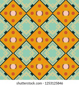 Vector ornament in yellow, blue and beige colors. Embroidery for fashion textile and fabric. Embroidery seamless pattern with abstract diagonal tiles.