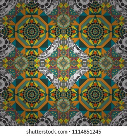 Vector ornament in yellow, gray and blue colors. Embroidery for fashion textile and fabric. Embroidery seamless pattern with abstract diagonal tiles.