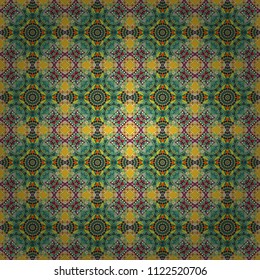 Vector ornament in yellow, red and green colors. Embroidery for fashion textile and fabric. Embroidery seamless pattern with abstract diagonal tiles.