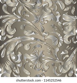 Vector ornamental 3d Paisley seamless pattern. Floral surface gold background. Abstract decorative paisley flowers, leaves, swirls. Vintage beautiful design. For wallpapers, fabric, textile, printing