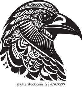 Vector ornamental ancient raven, crow illustration. Abstract historical mythology bird head logo. Good for print or tattoo.