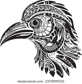Vector ornamental ancient raven, crow illustration. Abstract historical mythology bird head logo. Good for print or tattoo.