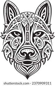 Vektorschmuck uralter Wolf, Hundekopfgrafik. Abstrakter historischer Mythologie-Hund oder Wolfenkopf-Logo. Gut für Druck oder Tattoo.