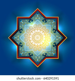Vector Ornamental arabic golden elements pattern. Bokeh lights festive background. Greeting card, invitation for muslims month Ramadan Kareem. Vector illustration.